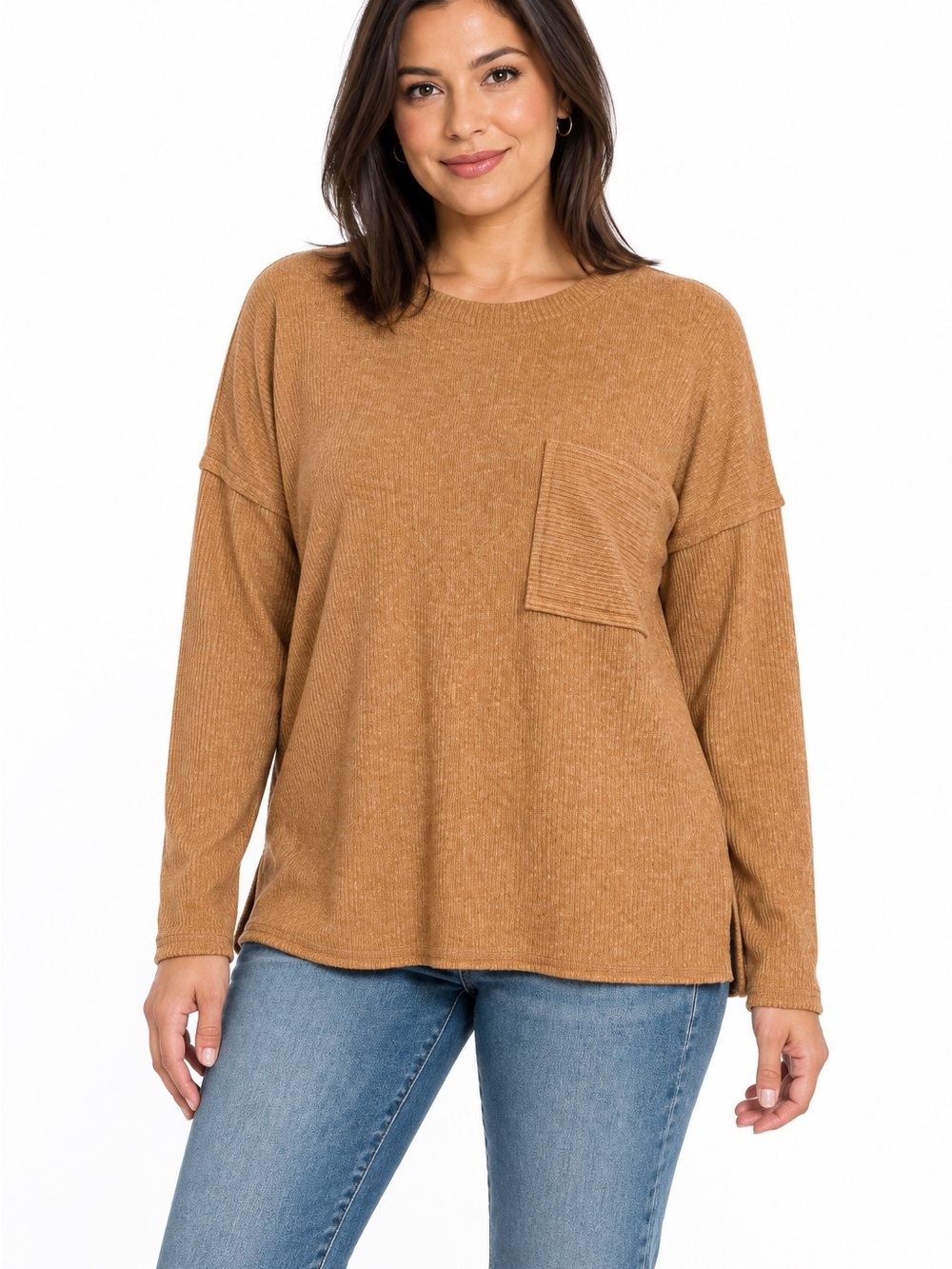 RIBBED BRUSHED MELANGE HACCI SWEATER WITH A POCKET